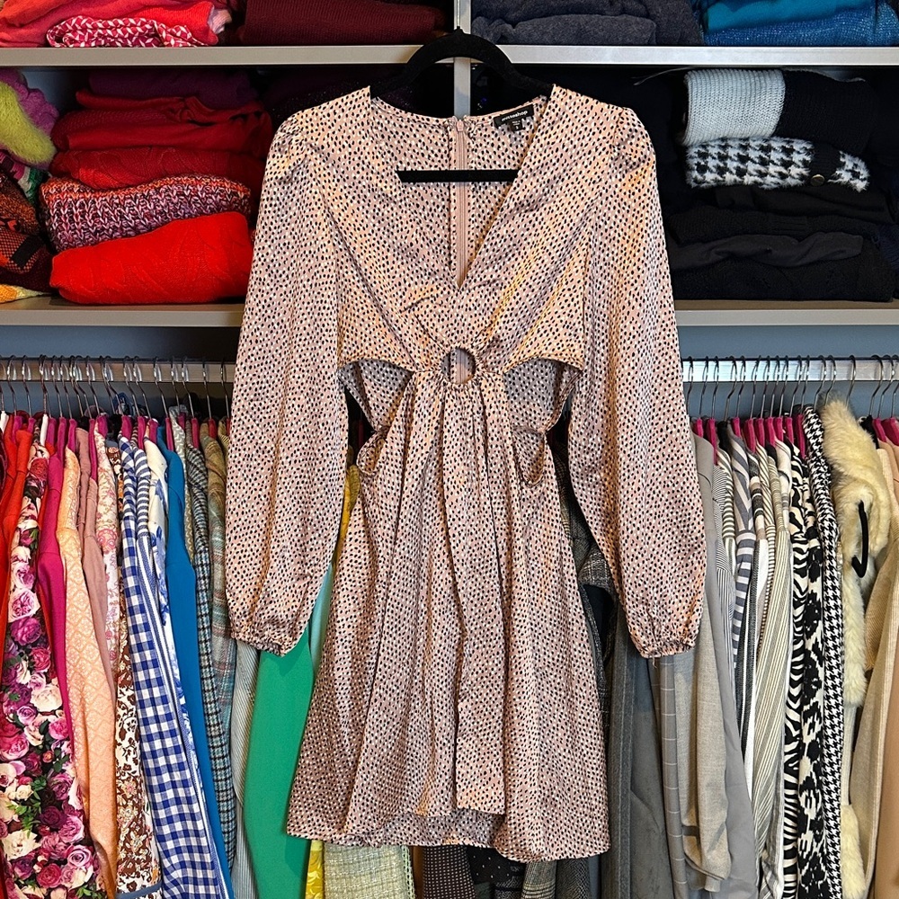 Mittoshop pink/black/white dotted long sleeve cut out v neck dress size S